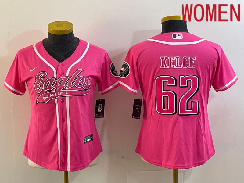 Women Philadelphia Eagles #62 Kelce Pink Nike 2023 Co Branding Game NFL Jersey style 1->women nfl jersey->Women Jersey
